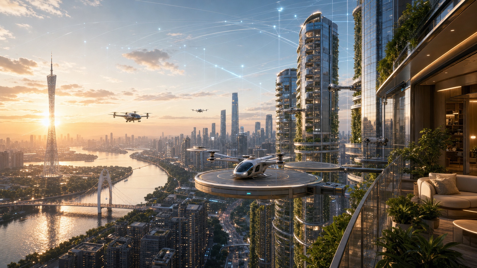 未来城市与 AI 辅助建筑方案示意